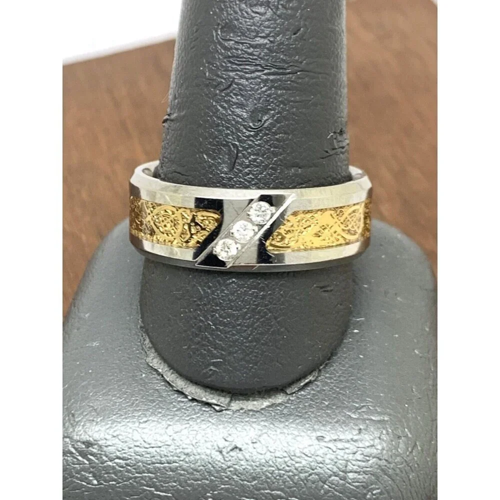 Men's Wedding Band Two Tone Steel 0.03ctw Diamond 8mm Wide Ring Size 10.75